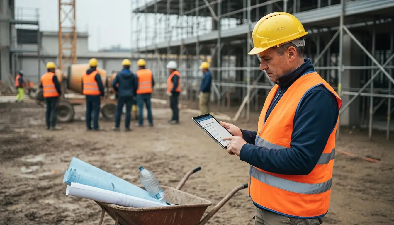Il responsabile di cantiere controlla i lavori utilizzando un tablet
