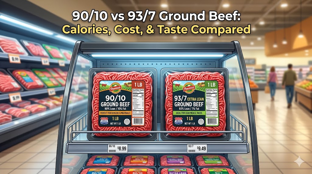 A detailed illustration comparing 90/10 lean ground beef and 93/7 extra lean ground beef packages side-by-side in a grocery store cooler, displaying nutrition facts, price tags, and culinary use recommendations for a dietary comparison.
