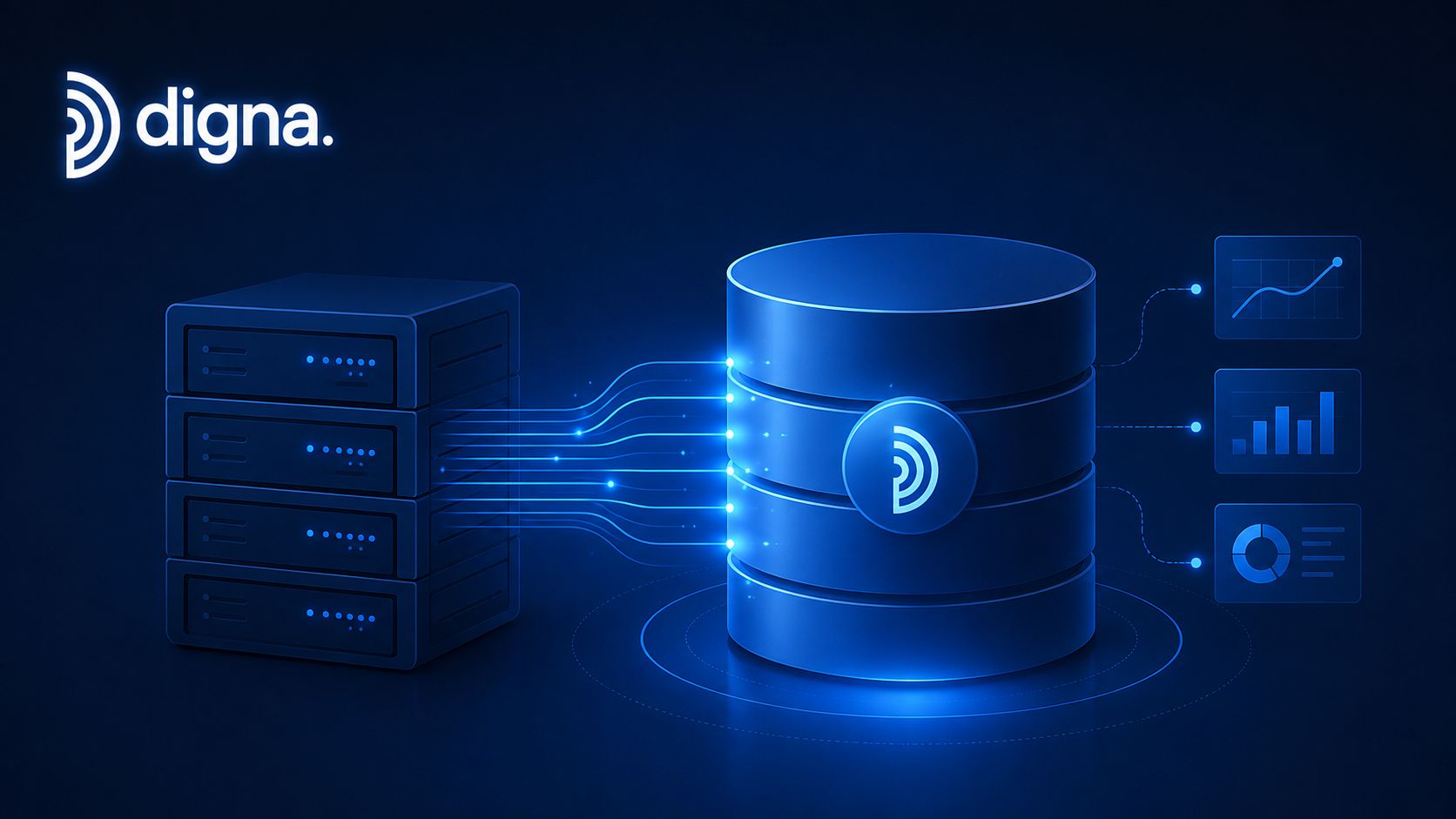 A digital illustration showing a server rack connected to a database icon with data analytics charts displayed.