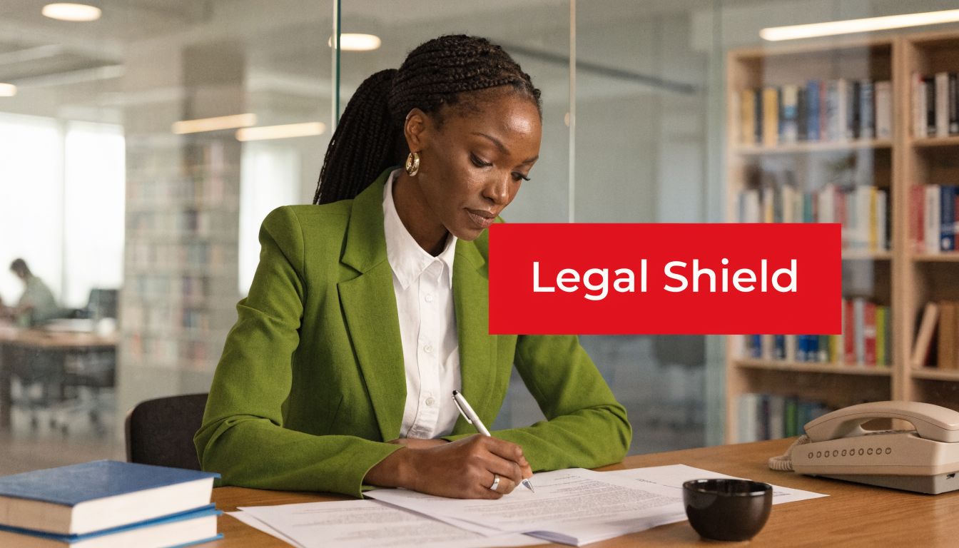 A professional woman in a green blazer sits at a desk writing on legal documents in an office.
