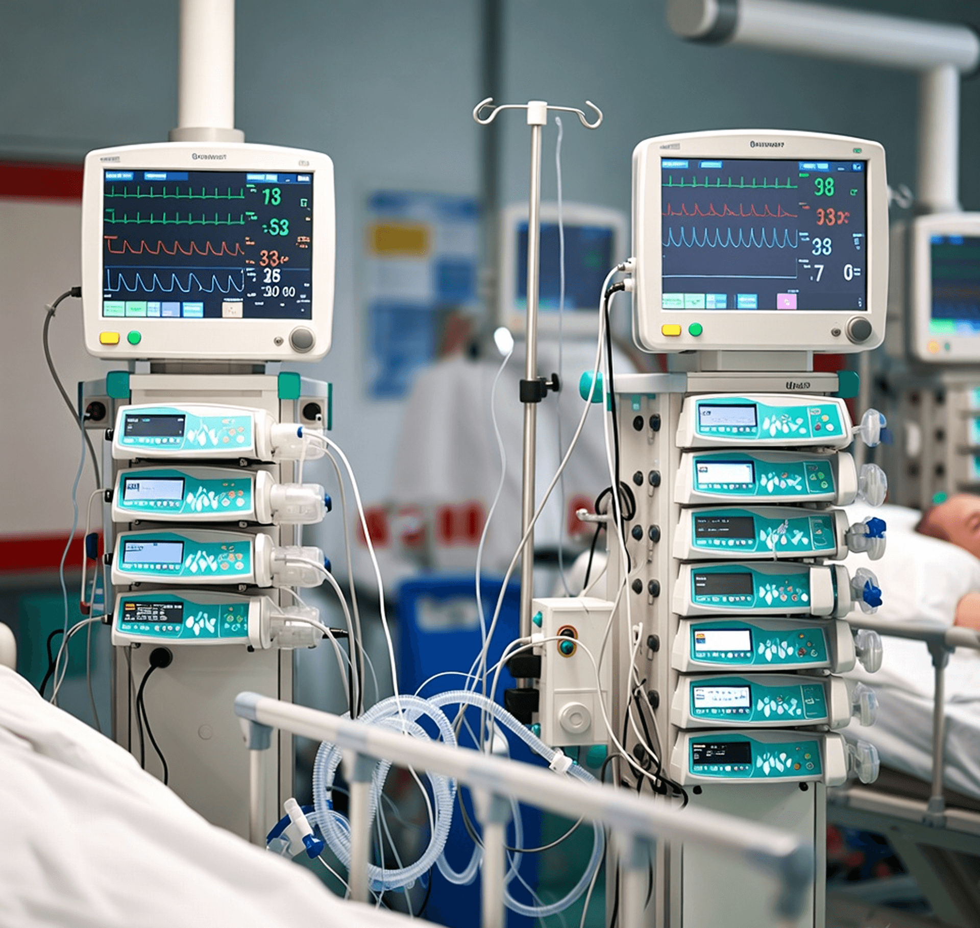 Patient monitors showing vital signs and multiple infusion pumps in an ICU.