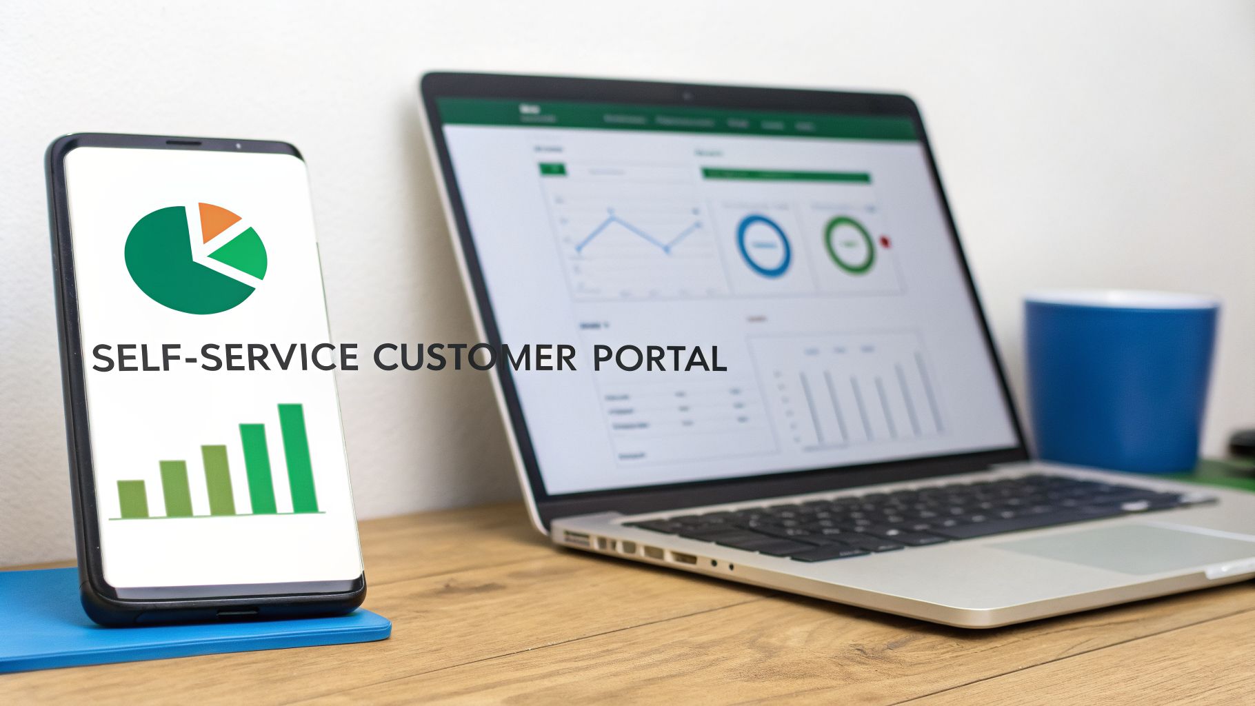 Smartphone and laptop displaying data dashboards with 'SELF-SERVICE CUSTOMER PORTAL' text.