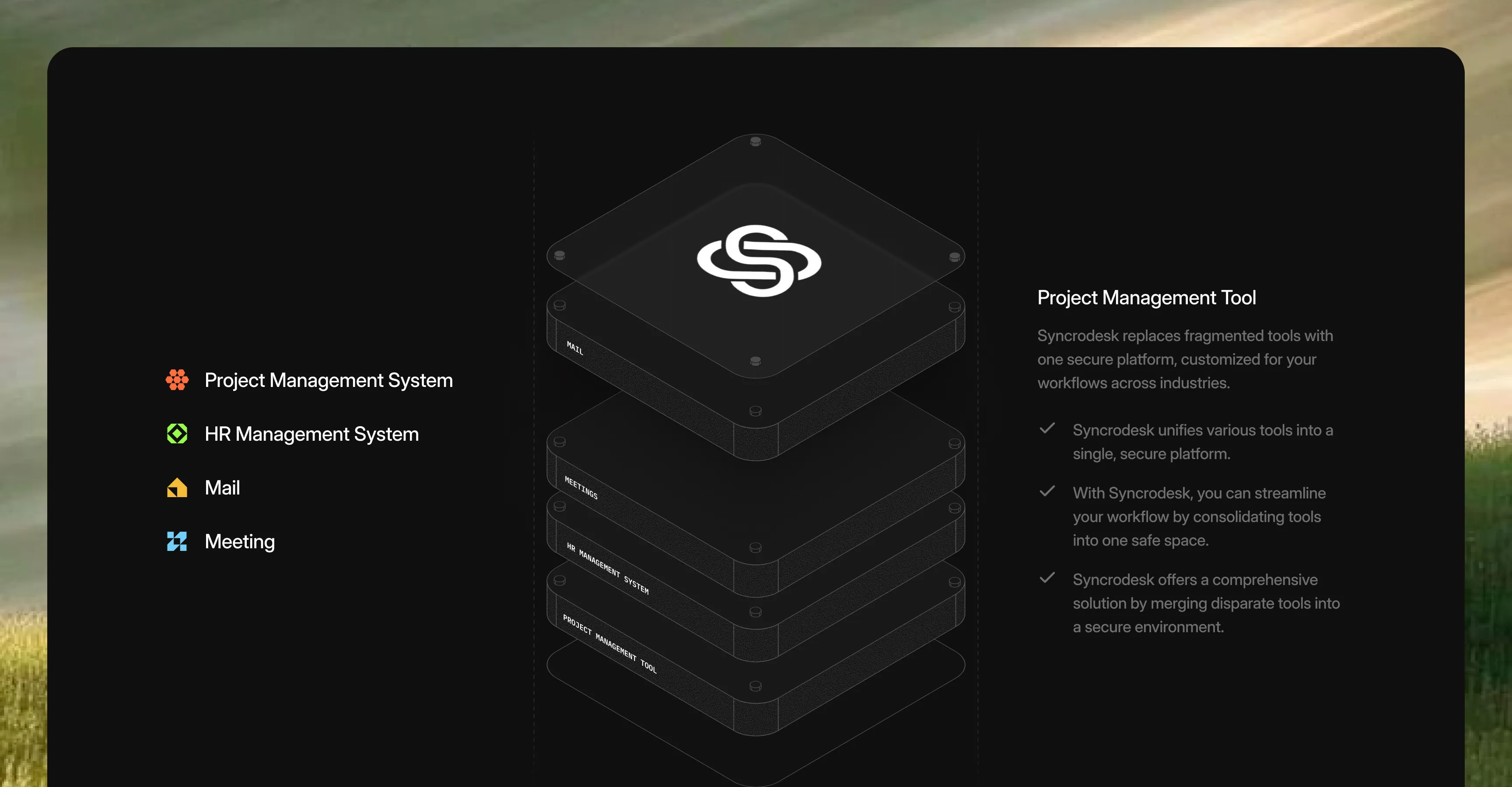 Syncrodesk platform architecture illustration showing modular workspace system