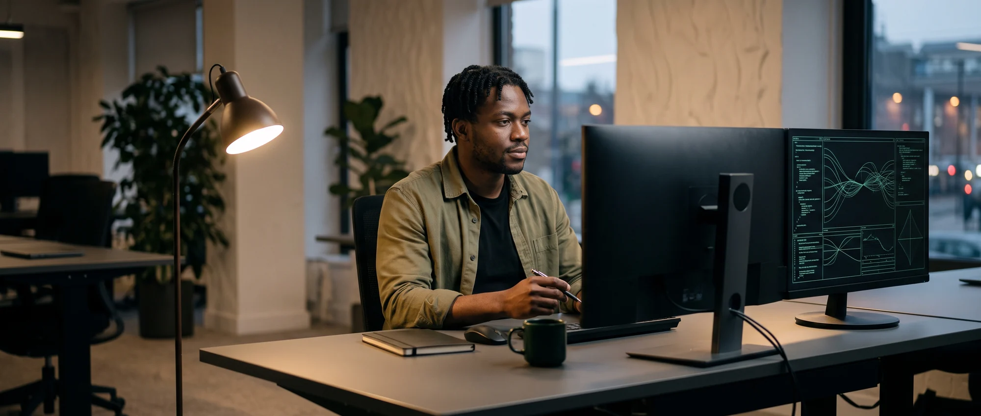 A strategist at his desk in the studio