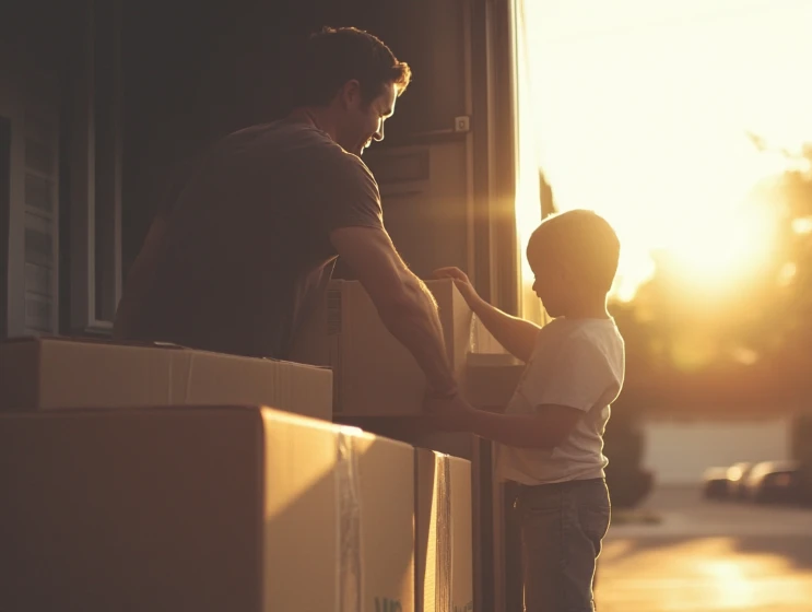 Father and son loading moving boxes into storage unit during golden hour sunset