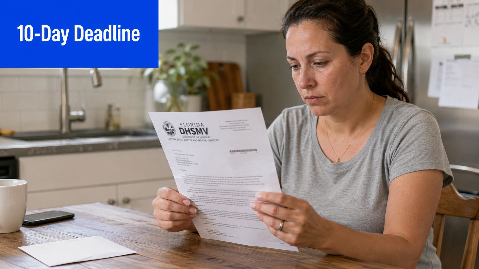 A concerned woman sitting at a wooden kitchen table reviewing an official Florida DHSMV legal document.