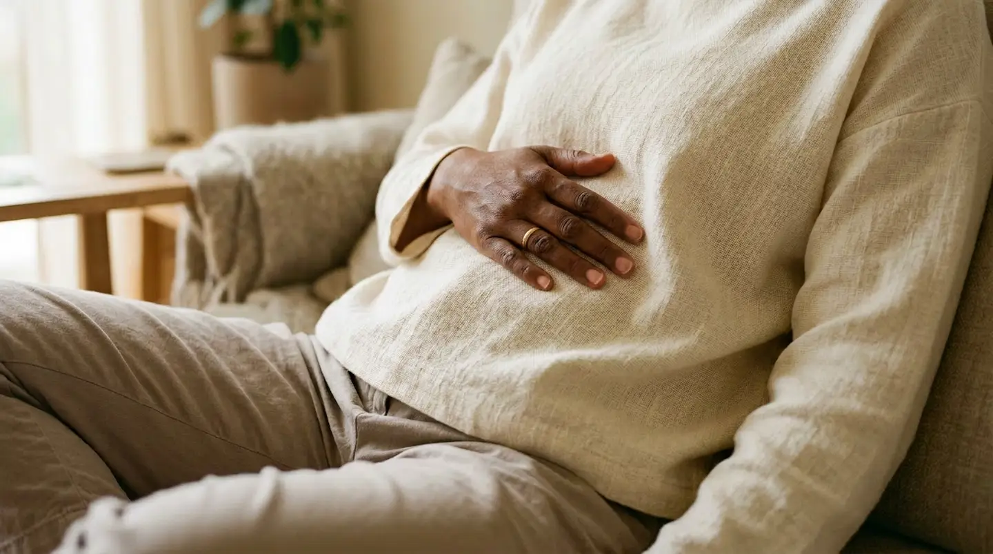 Person resting a hand on their abdomen while seated on a couch