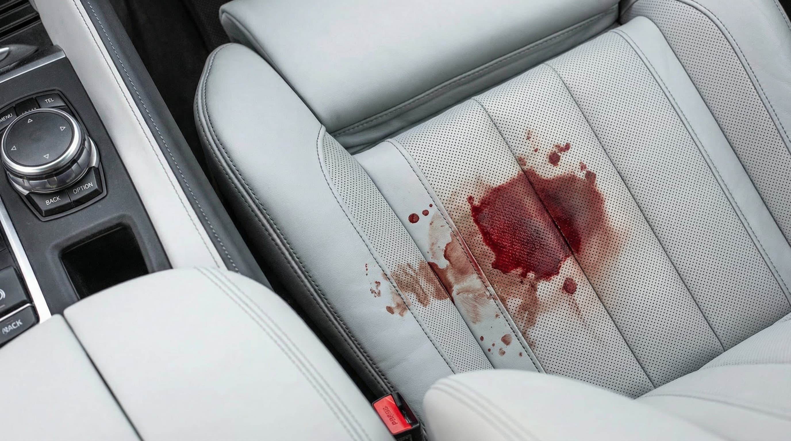 Tache de sang sur le siège en cuir clair d’une BMW X5 M