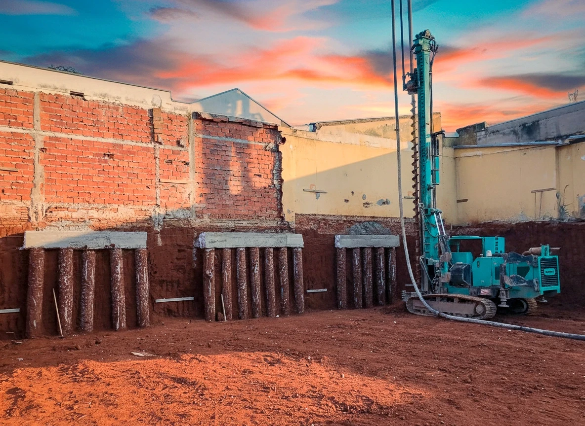 Máquina perfuratriz em uma grande escavação em solo de terra vermelha, ao lado de paredes de tijolos aparentes e estacas de concreto armado já instaladas na lateral. O céu está colorido com tons de laranja e azul.