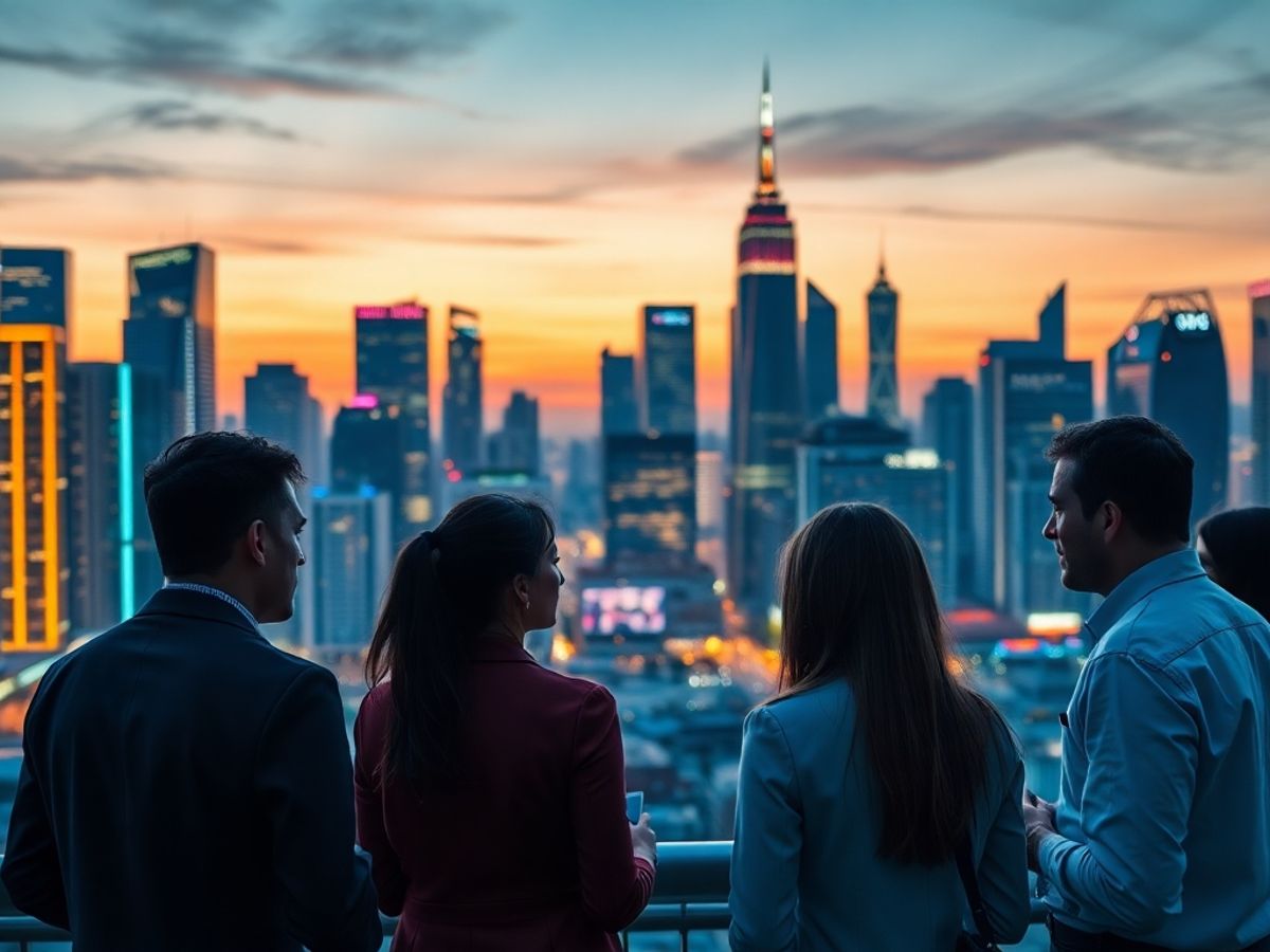 Futuristic city skyline with professionals in discussion.