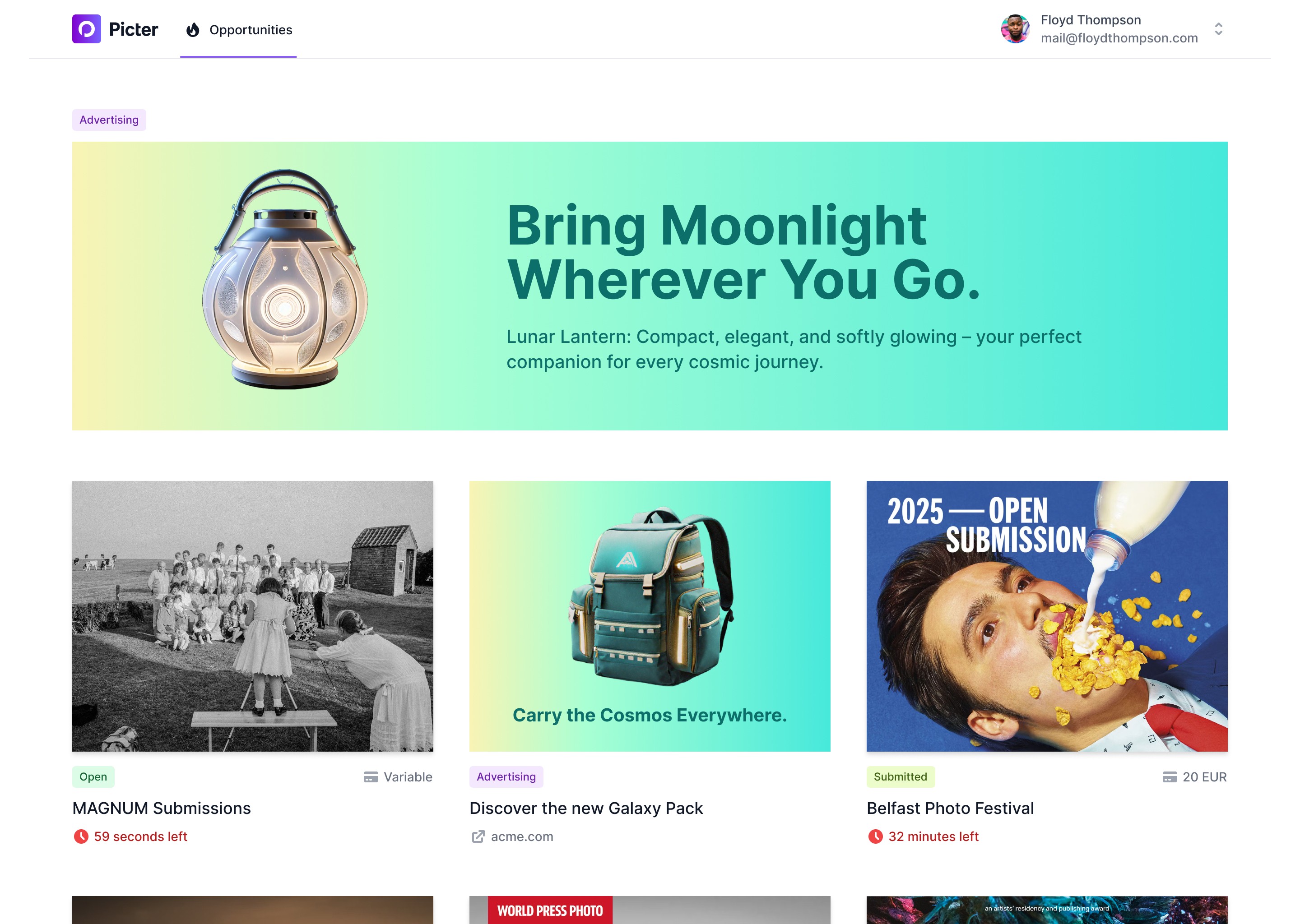 Picter's user interface showing the grid of current open calls with two prominent media placements above and within the contest grid