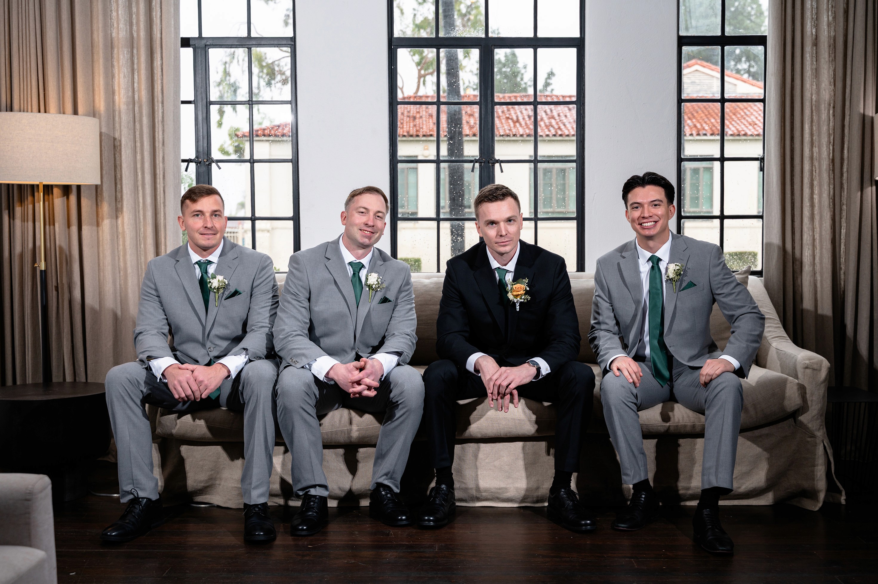 Flat lay wedding details with bouquet, rings, and sparkling bridal heels