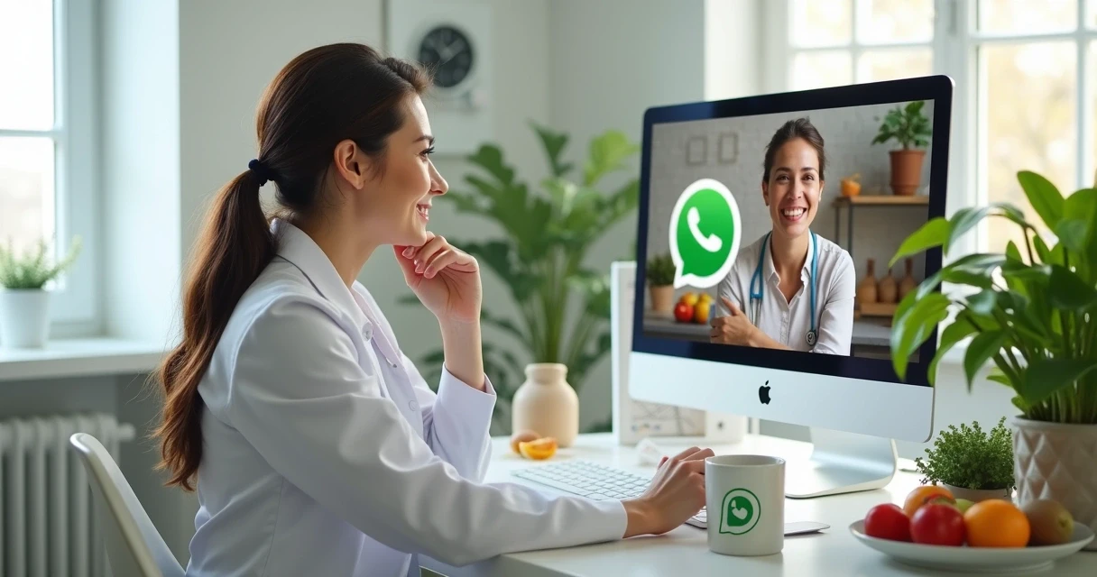 Nutricionista atendendo paciente sorridente em computador com WhatsApp aberto 