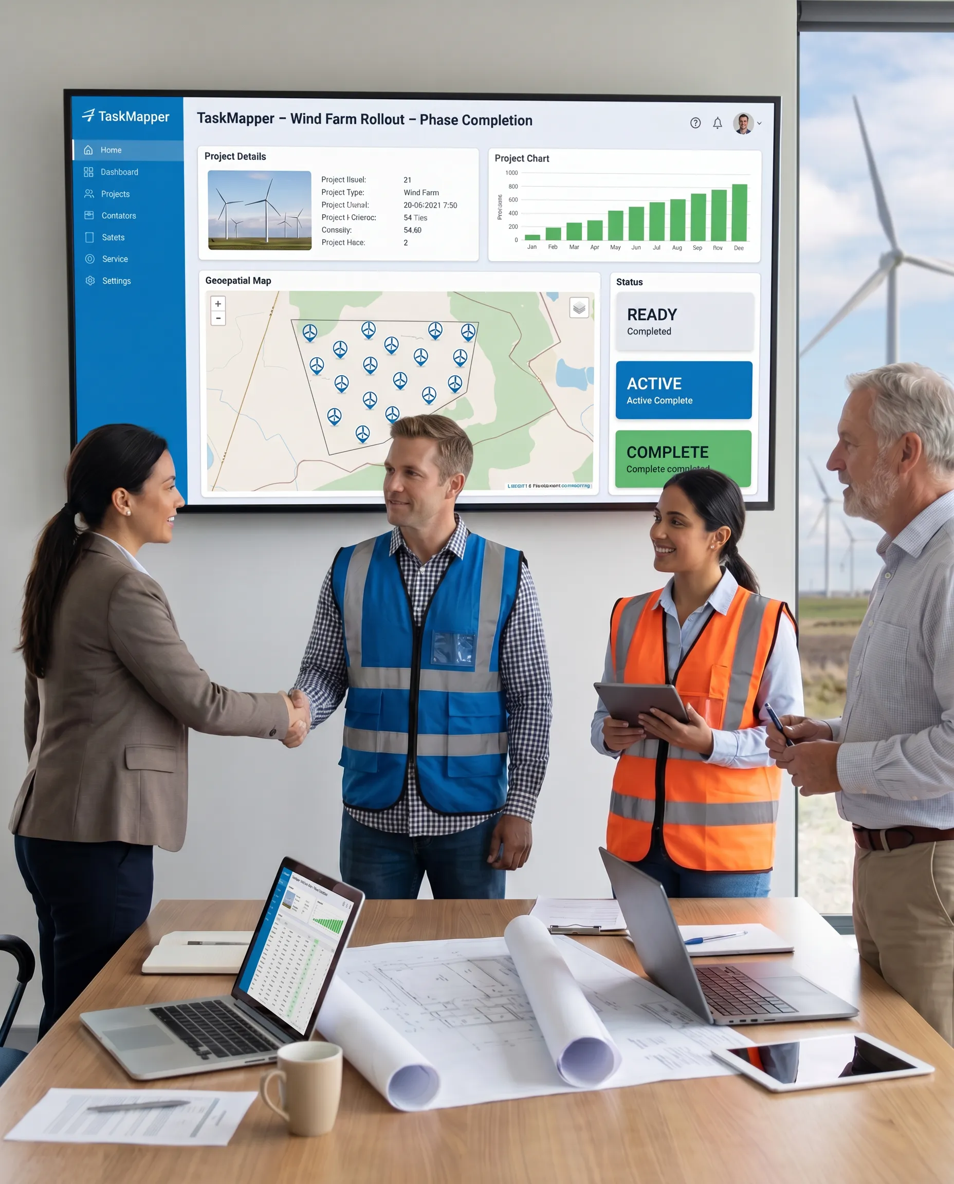 Team in a solar company meeting reviewing project performance dashboards and analytics with solar panels visible outside.