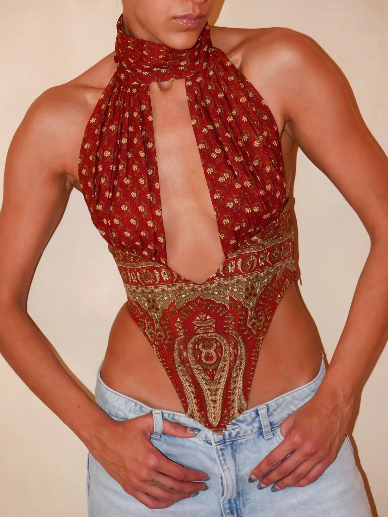 Vivienne silk tube corset handcrafted from vintage saree with halter neckline, deep V cut and choker-style collar.