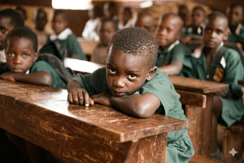 Young child resting head on desk in classroom