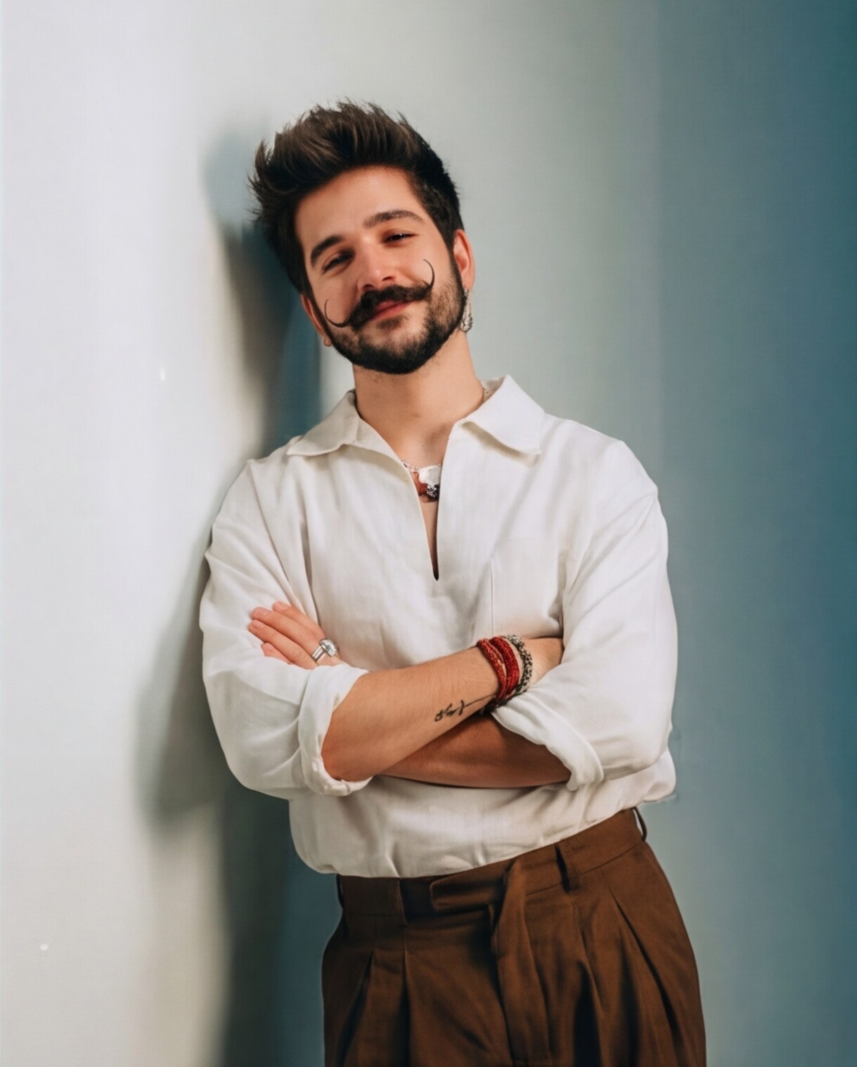 Off-White Relaxed Collar Shirt with Earthy Trousers