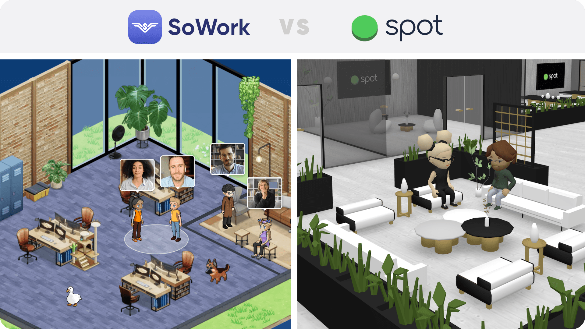 Side-by-side comparison of SoWork’s vibrant 2.5D virtual office versus Spot’s 3D workspace, highlighting diverse avatar styles and immersive environments for remote teams.