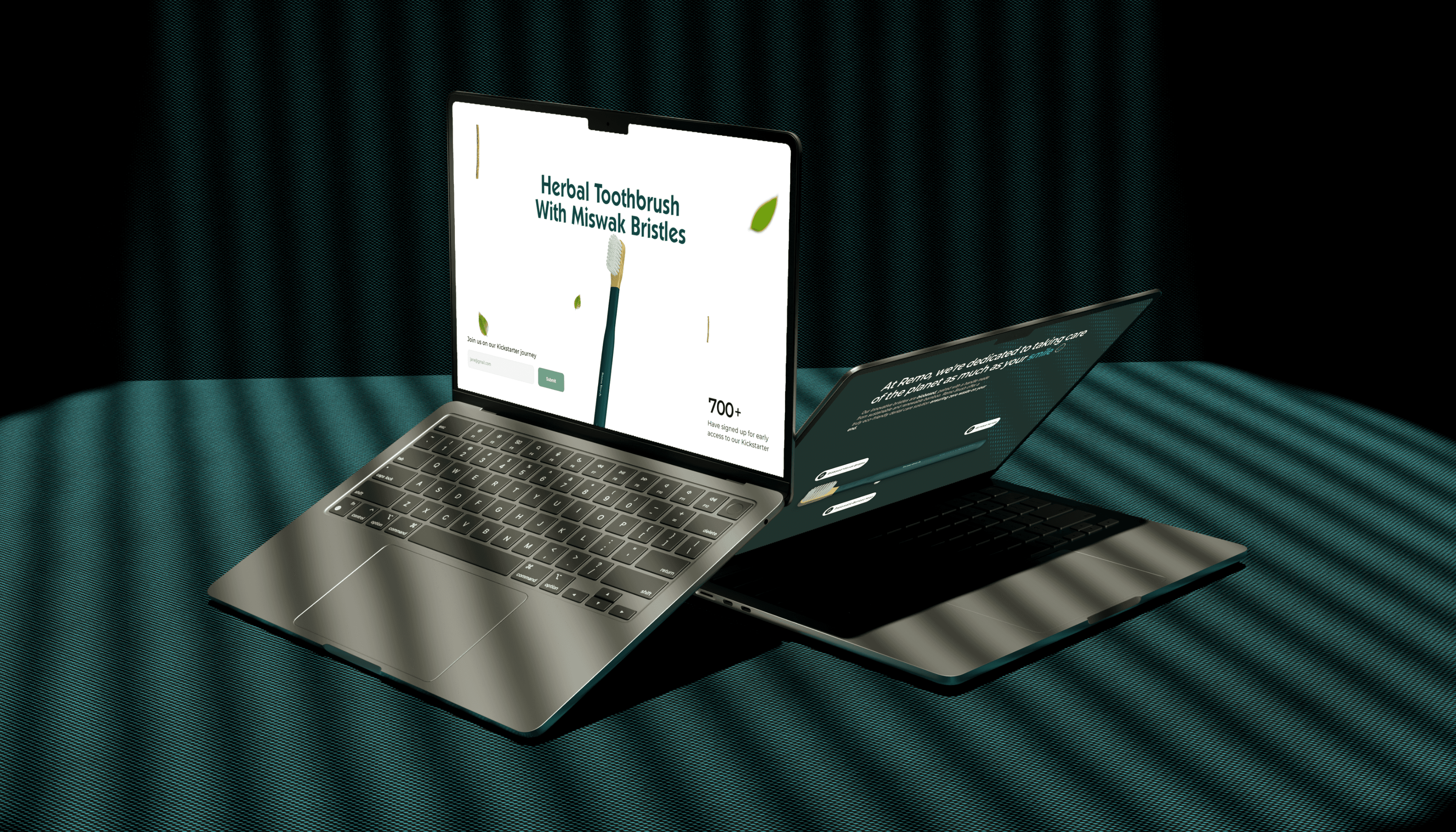 Website design for herbal toothbrushes with miswak bristles, created by The Editor Suite. Two laptops showcase different pages of the website, highlighting the product and its benefits. The laptops are positioned on a textured teal surface with dramatic light and shadow play, adding to the visual appeal.