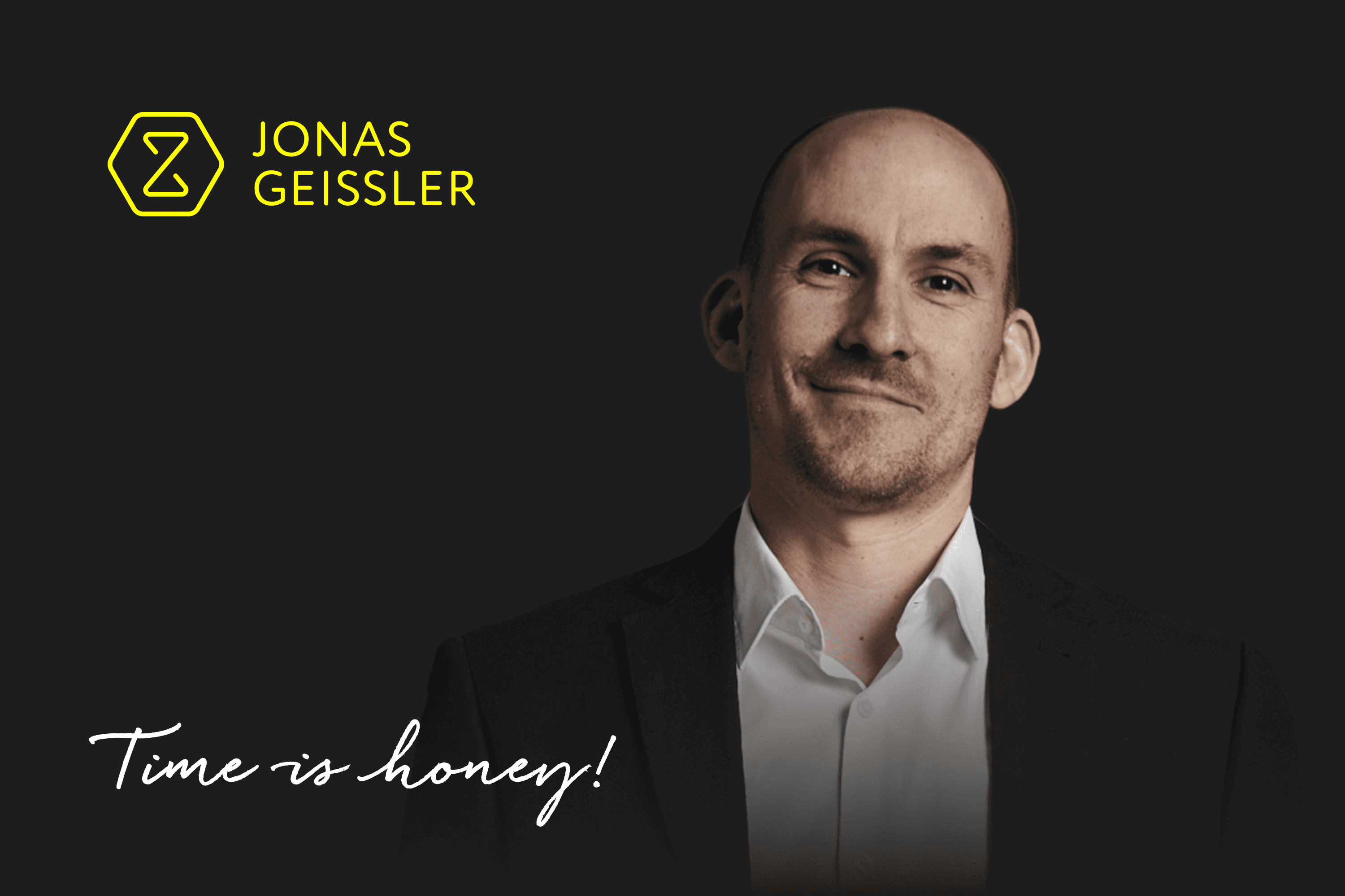 Jonas Geissler portrait with "Time is honey!" text