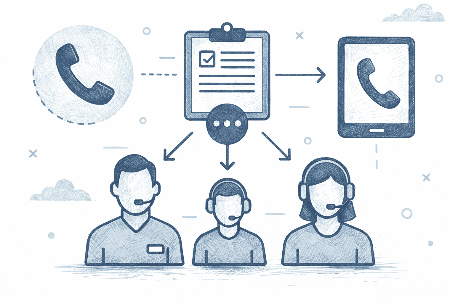 A flowchart with a phone, a clipboard, and three humans with headsets showing the paths calls can take in routing