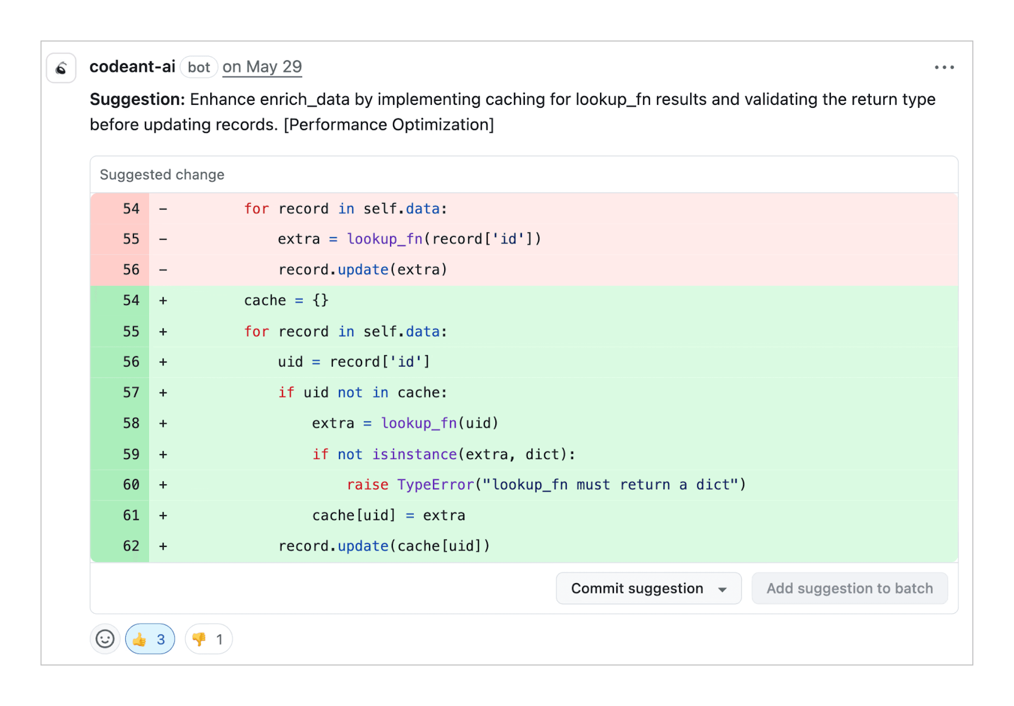 Inside CodeAnt AI's code review tool you can find and fix performance issues in one click using commit suggestions