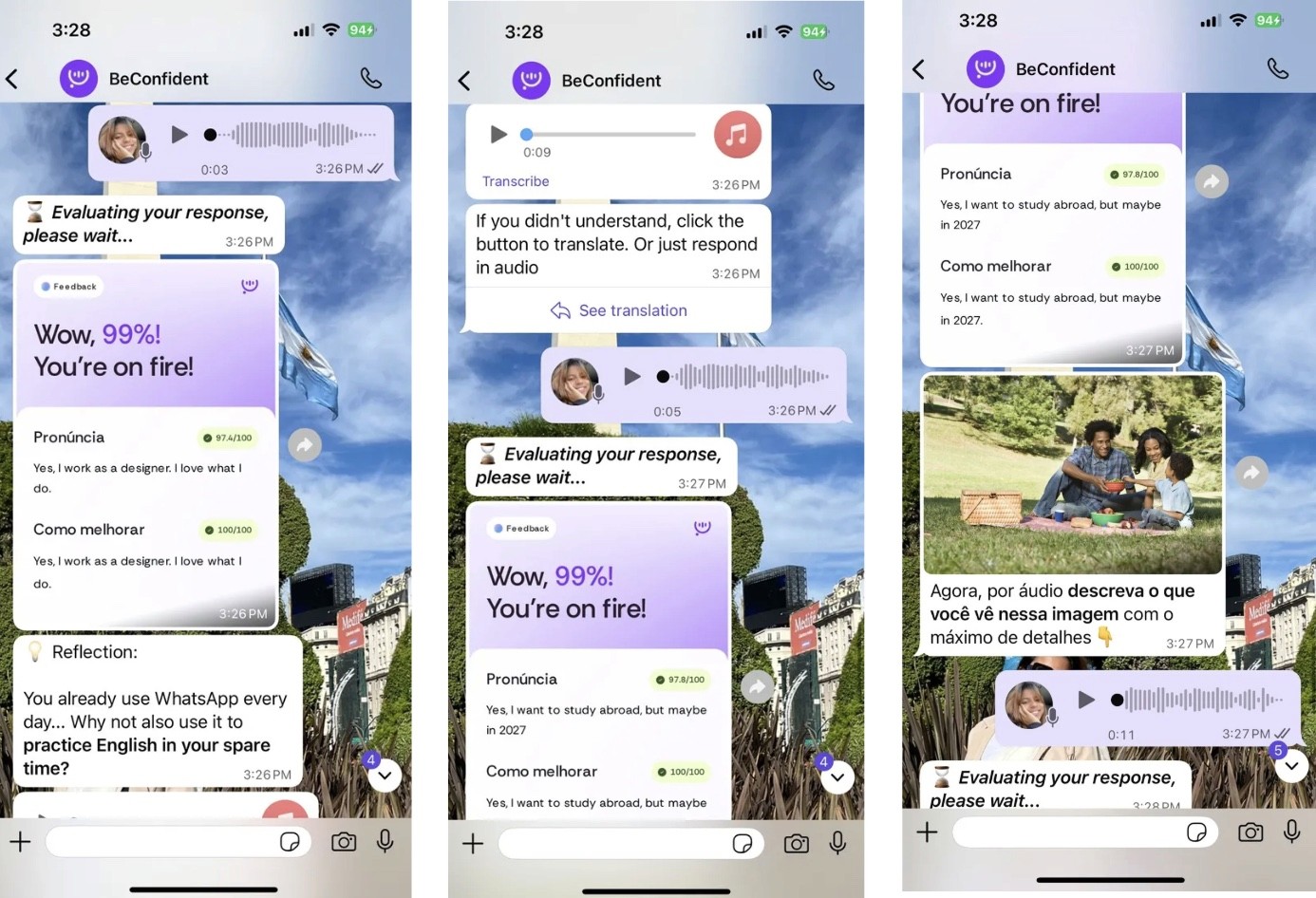 Prática de conversação pela BeConfident no WhatsApp, com uso de áudios