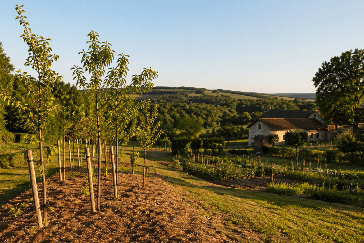 Jeunes arbres et vue du jardin.
