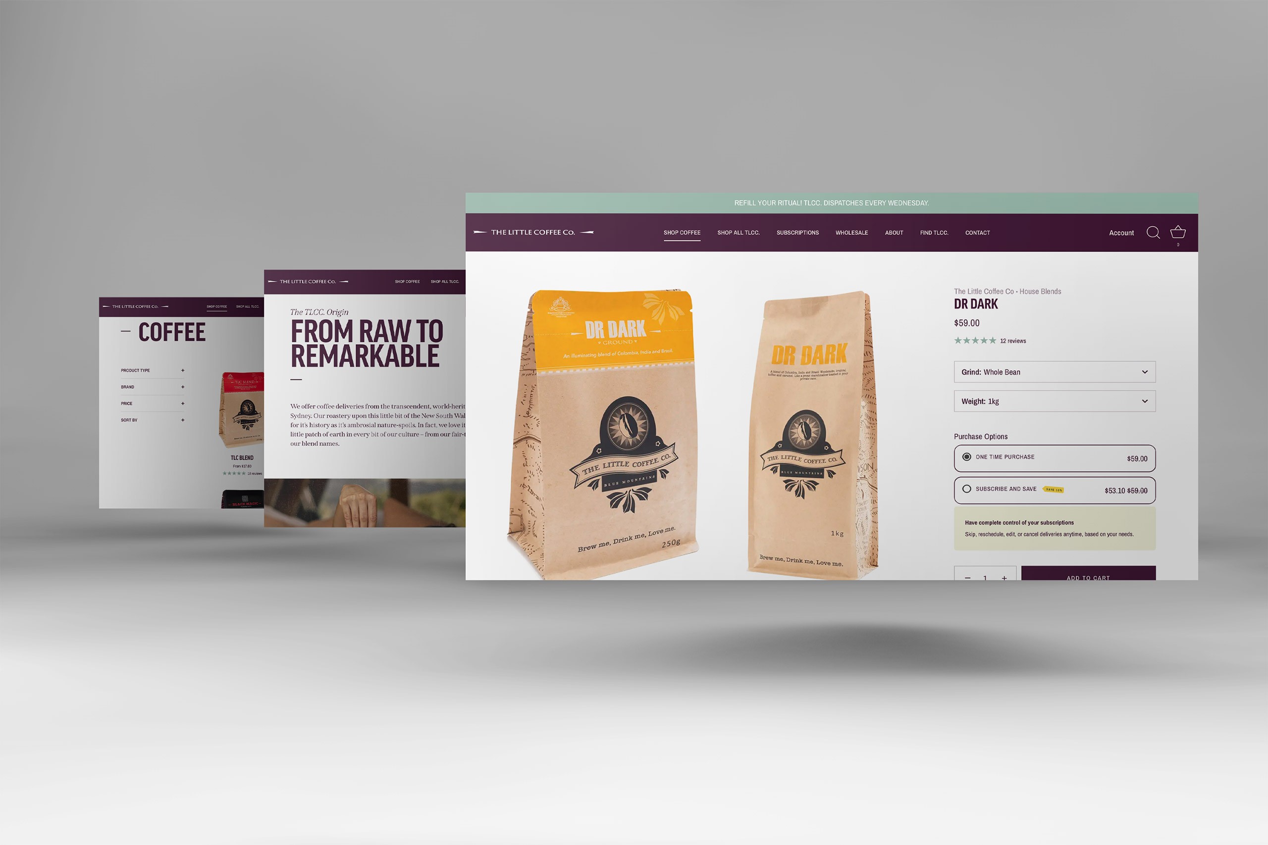 The Little Coffee Co. Shopify website pages featuring responsive design, TLCC brand colours and fonts.