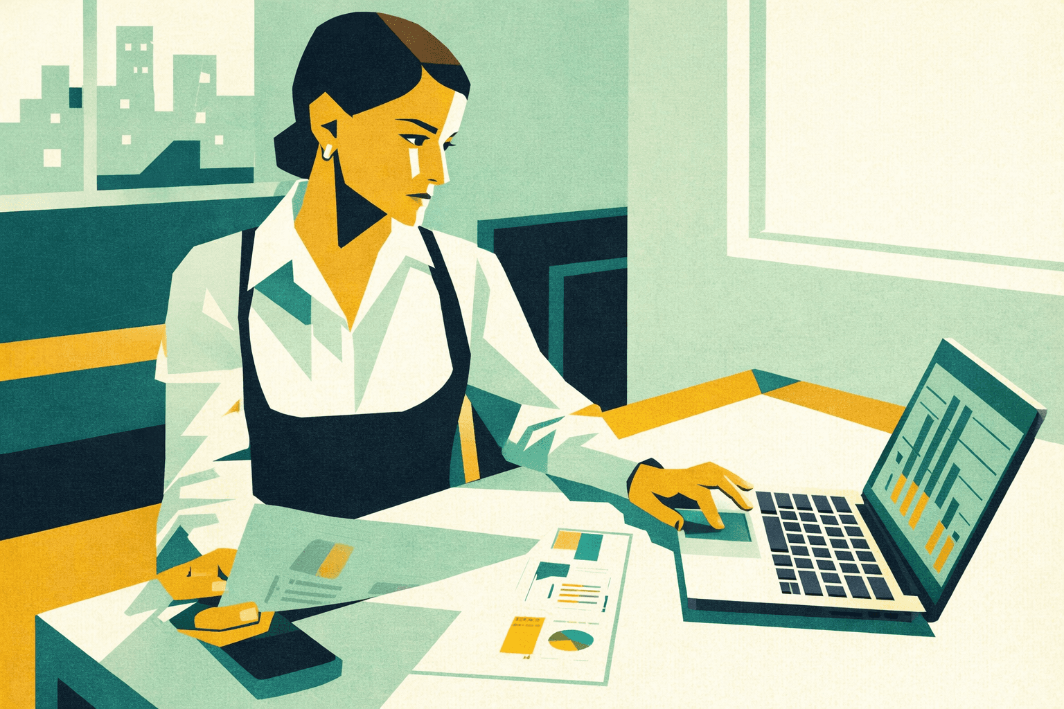 Donna over 30 analizza report e lavora al computer in ambiente domestico, fase di riorganizzazione e ripartenza professionale.