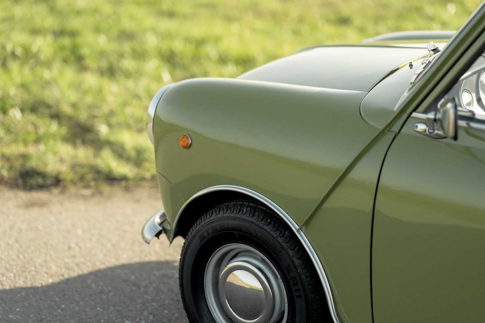 Close-up of a green vintage car's front fender, with soft grass in the background.