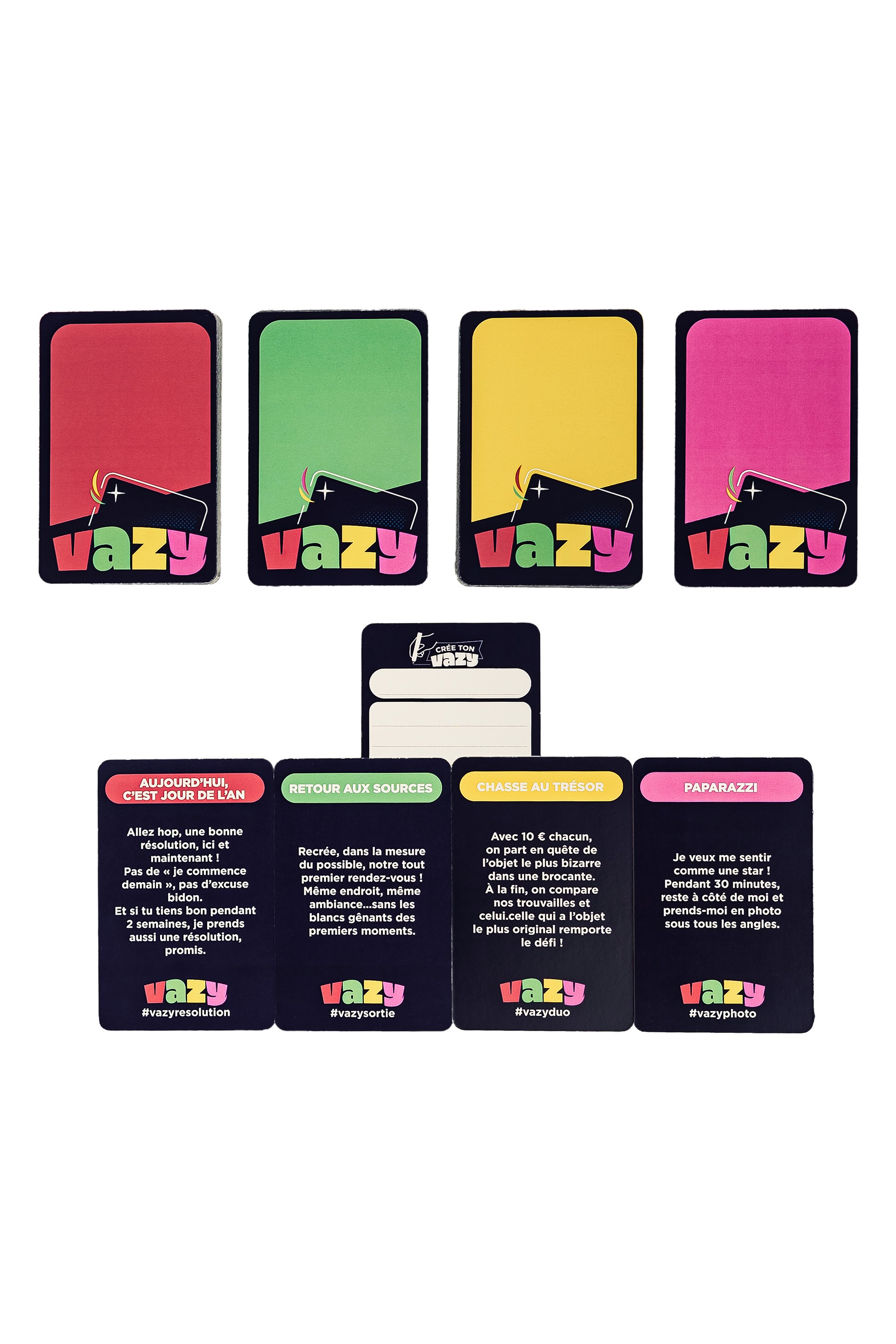 Jeu de cartes “Vazy” avec quatre cartes colorées au recto et quatre cartes aux défis écrits en français.