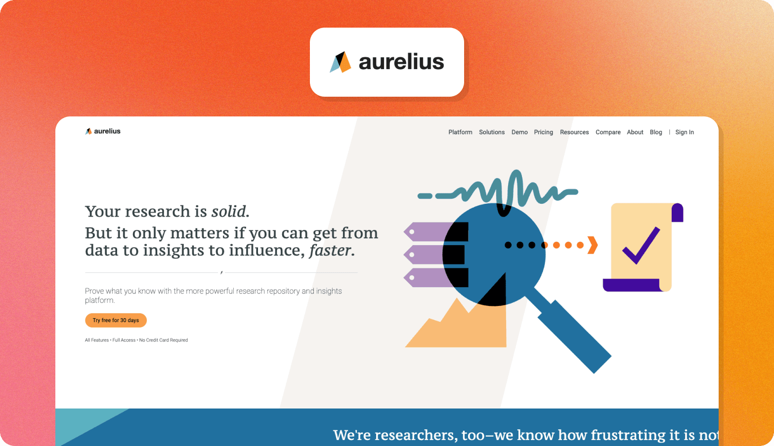 Aurelius homepage showing the tagline "Your research is solid. But it only matters if you can get from data to insights to influence, faster" with an illustrated magnifying glass graphic