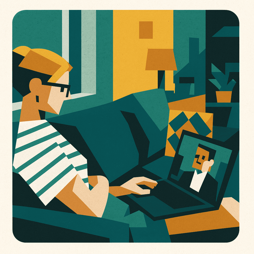 Donna seduta sul divano partecipa a una sessione di coaching online tramite videochiamata sul laptop