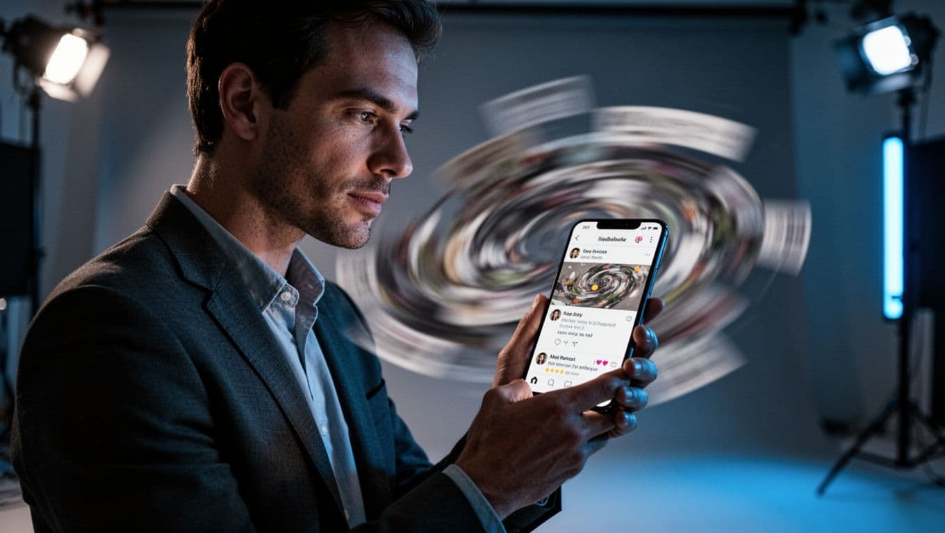 A business professional holds a smartphone in a dimly lit room, viewing a colorful, blurred digital interface of feedback notifications. Dramatic studio lighting highlights their hand against deep background shadows.