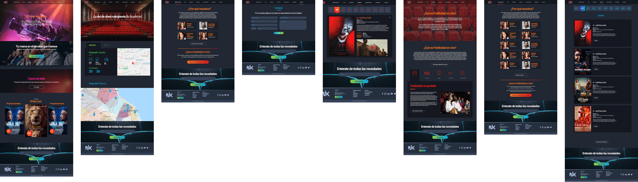 A series of nine different dark-themed website layout designs displayed in a row, featuring cinematic imagery, movie trailers, team member profiles, and contact forms for a media or cinema-related brand.