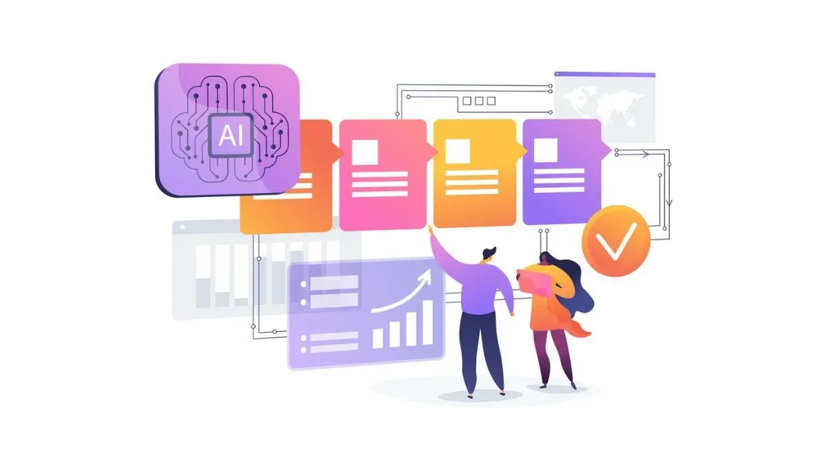 Colorful illustration of two people interacting with digital documents and charts beneath a glowing “AI” circuit icon.