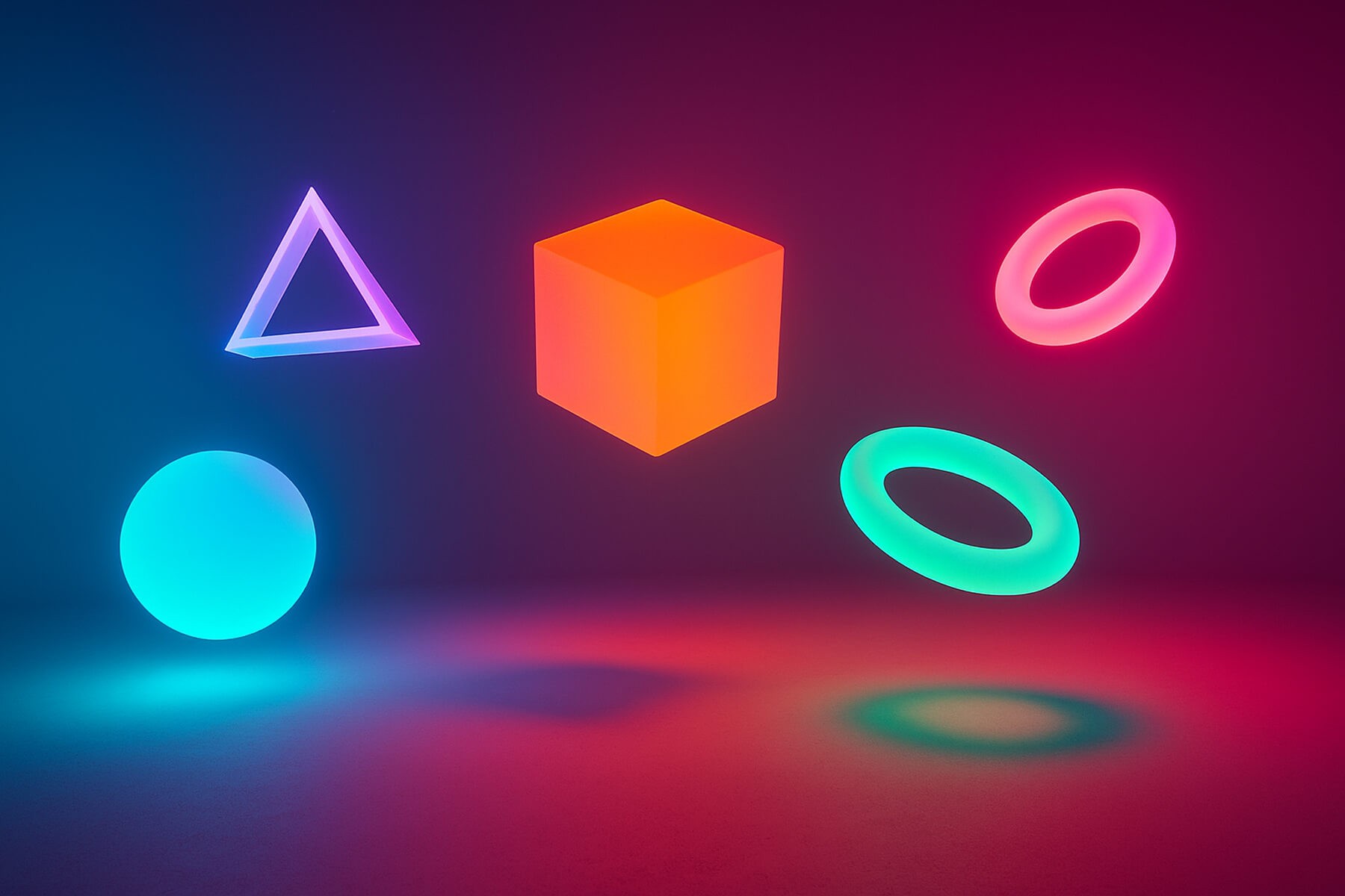 Bright neon shapes floating in a red and purple background.
