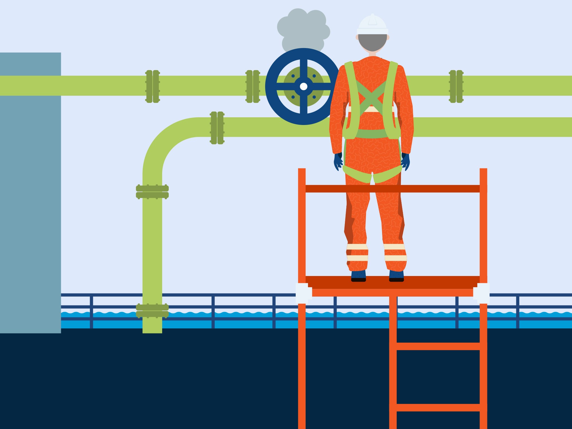 illustration of man on industrial plant look at a gas leak