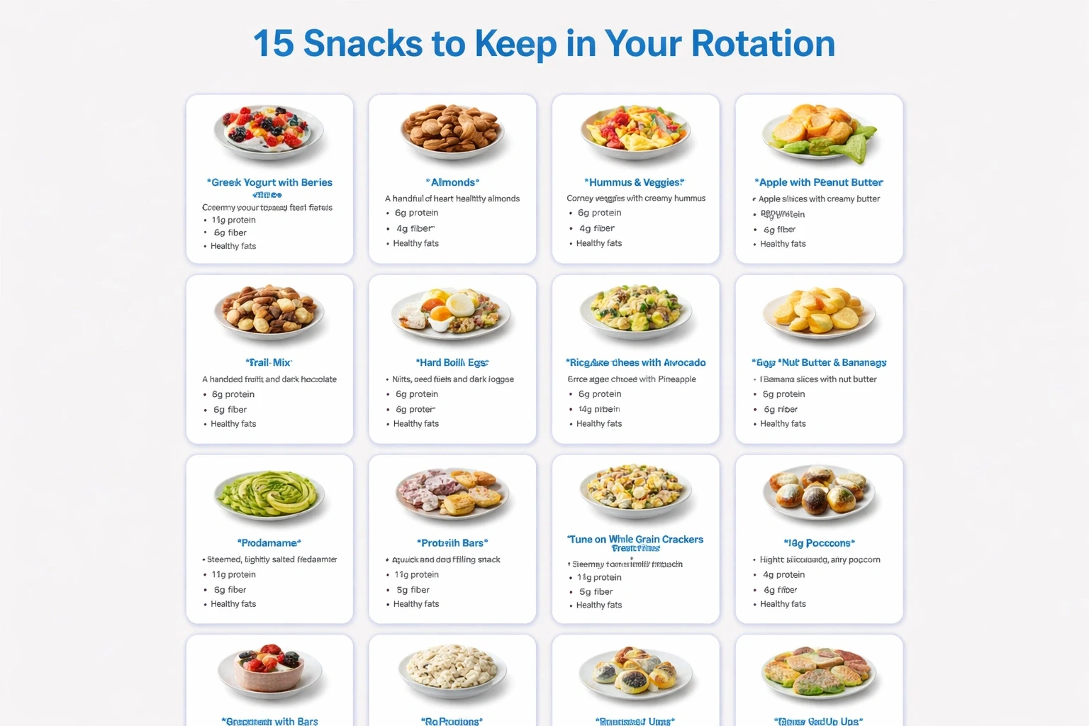 Modern card grid layout of 15 healthy snack ideas on light gray background with accent color #3b82f6.