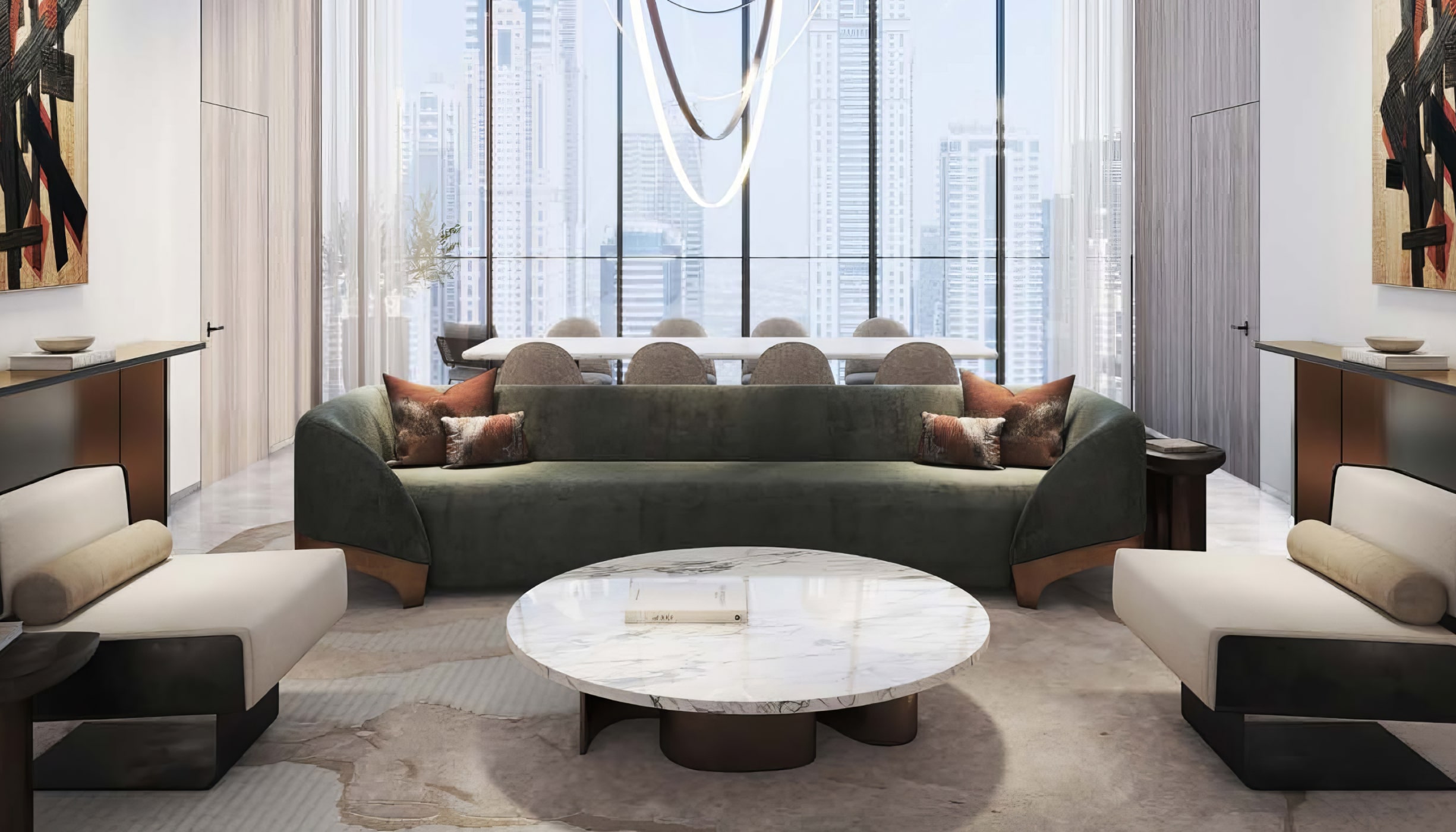 A living room in a W Residences residence, designed for both comfort and luxury.