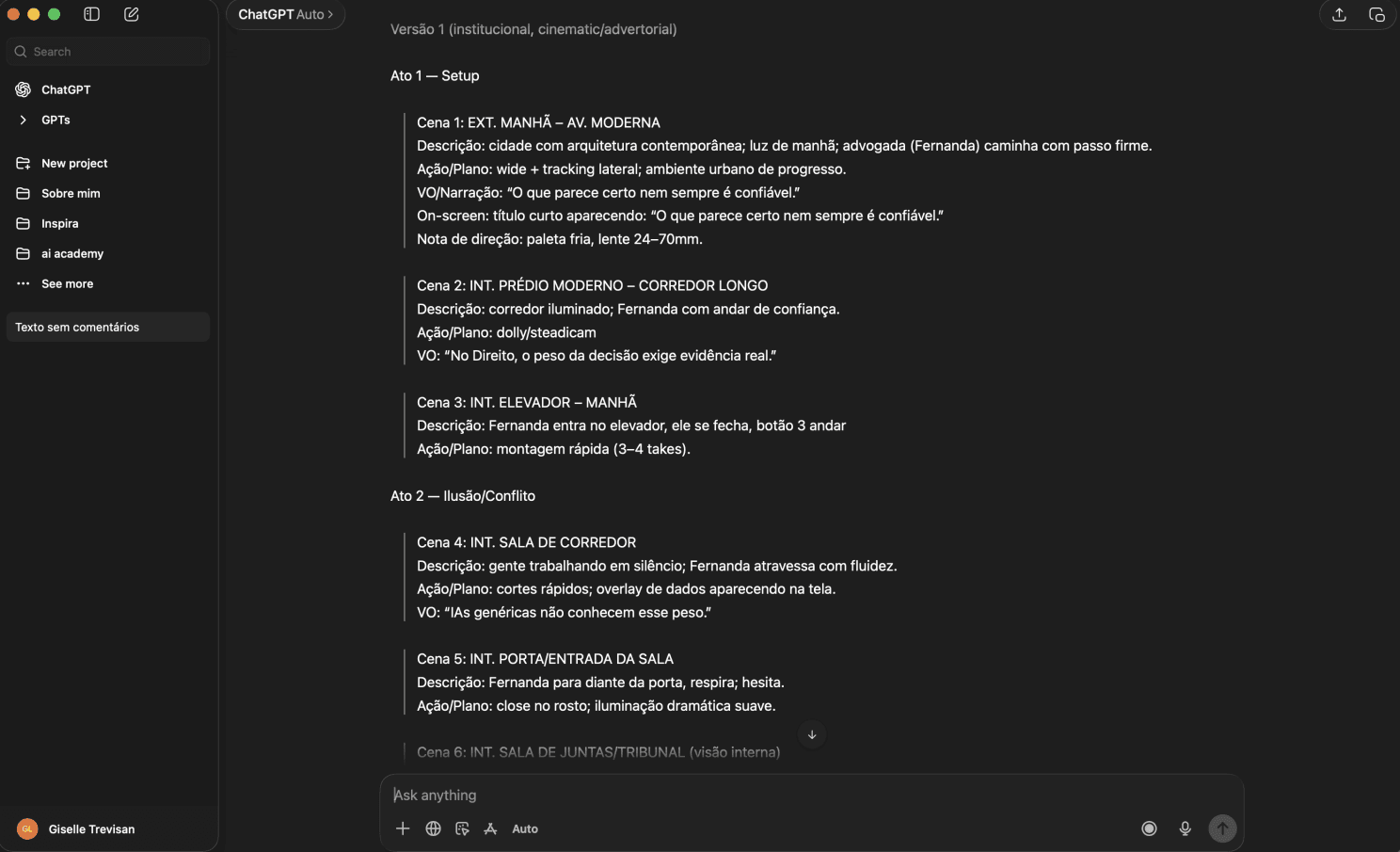 Captura de tela da interface do ChatGPT mostrando o roteiro técnico de um filme institucional da Inspira, com detalhes de cenas, planos cinematográficos e narração.