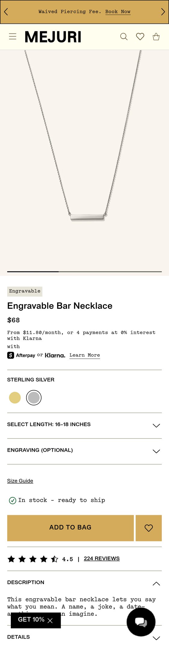 Jewelry product options include: necklace for 14k Gold Handcrafted Horizontal Engravable Bar Necklace - Jewelry from Mejuri.