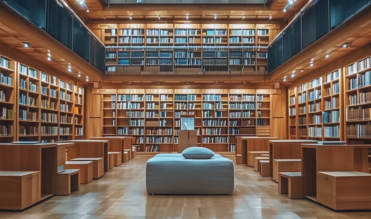 Modern wood panelled library with rows of books on shelves and sofa in the middle