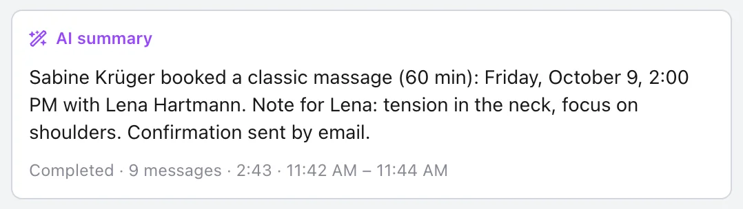 AI summary of a call with the anny Assistant: classic massage booked with Lena Hartmann, confirmation sent by email