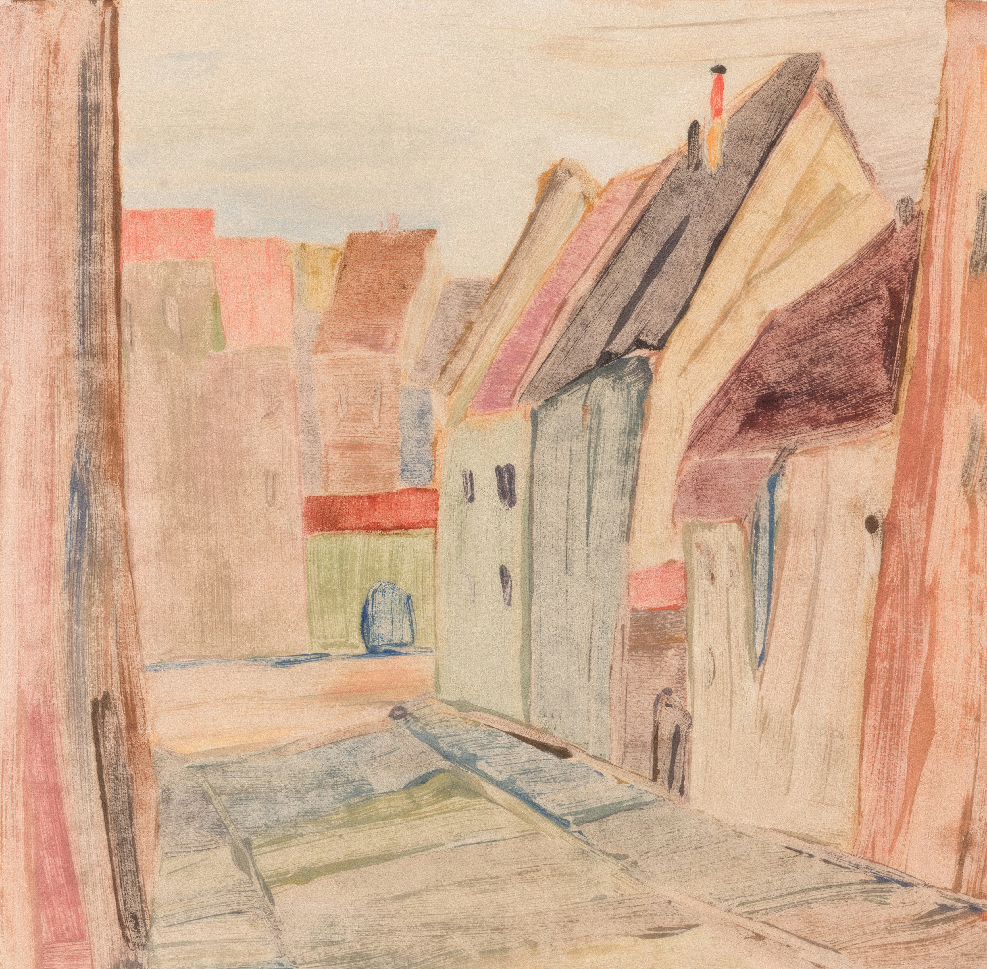 Watercolor painting of a european village street scene.