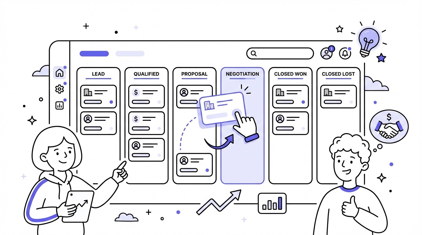 A modern digital sales pipeline interface showing multiple stages like Lead, Qualified, Proposal, and Negotiation. A deal card is actively being dragged from the Proposal stage to the Negotiation stage, illustrating a drag-and-drop functionality for managing sales opportunities.