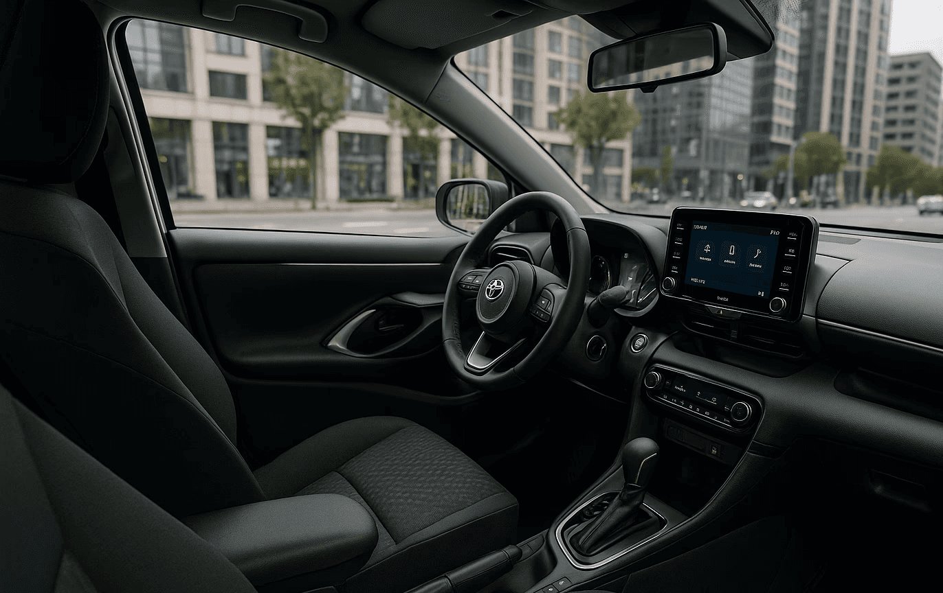 Dark luxurious interior of a car, perfect for showcasing premium car rental experiences.
