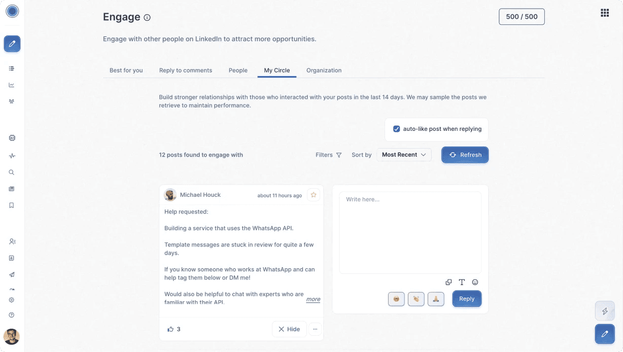 Taplio's engagement module, displaying a list of post the LinkedIn management tool curated for the user to react to
