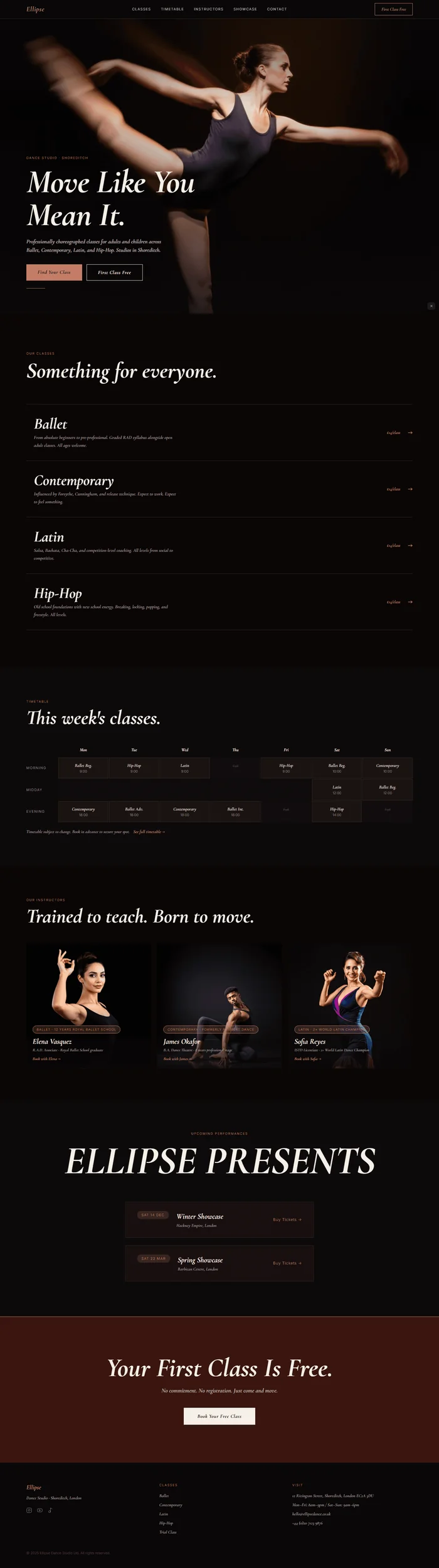 Full preview of a dramatic near-black dance studio website with rose copper accents and Cormorant Garamond 700 italic used exclusively throughout. A layered cinematic hero gradient, timetable grid, and typographic showcase section create a deeply theatrical aesthetic.